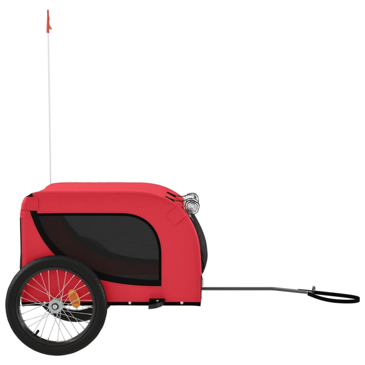 Roter Fahrradanhänger für Haustiere mit einem Rad, Sicherheitsflagge und Netzfenster.