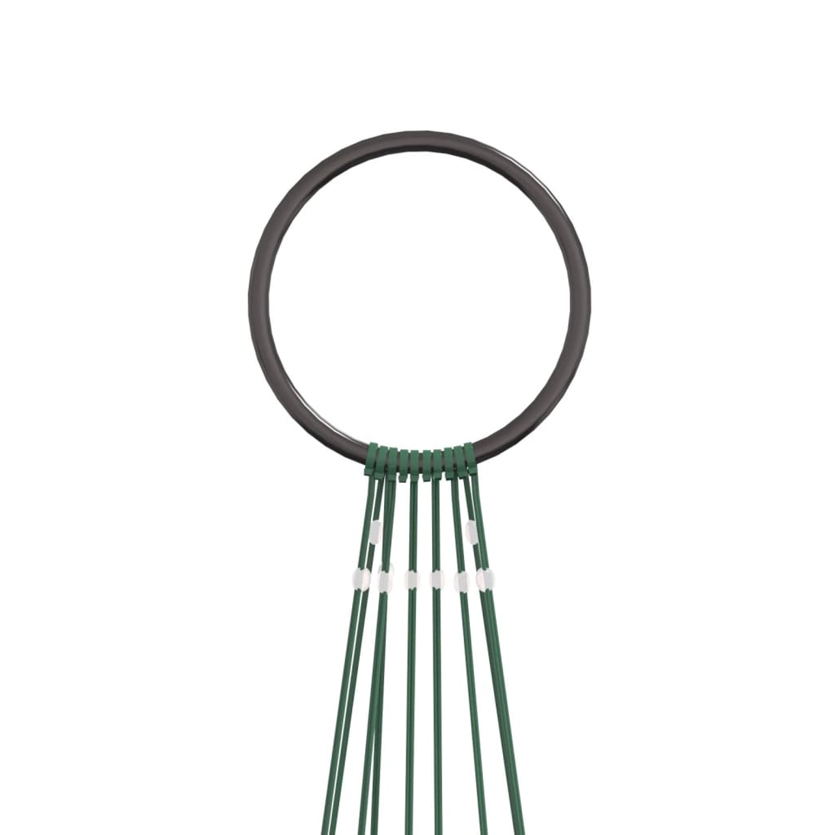 Ein dunkler Ring mit grünen Schnüren und weißen Perlen.