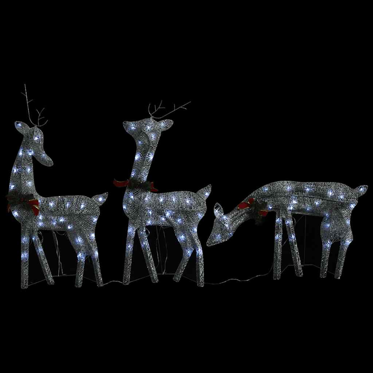 Drei beleuchtete Rentierfiguren mit roten Schleifen vor schwarzem Hintergrund.