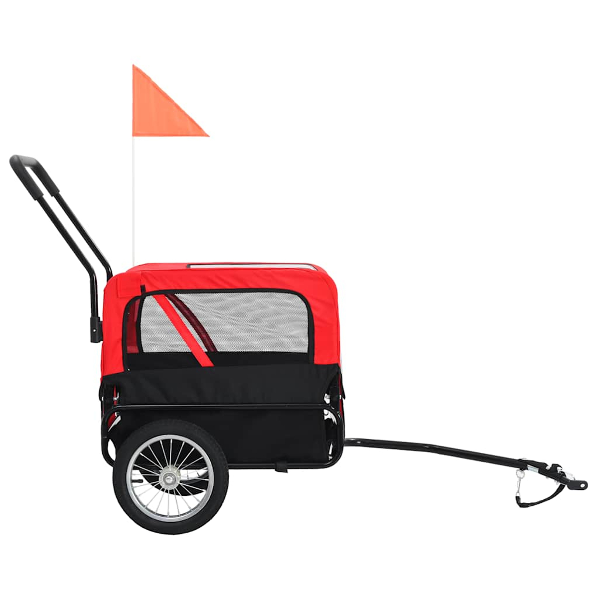 Ein roter und schwarzer Hundeanhänger mit Griff, Rad und Flagge.