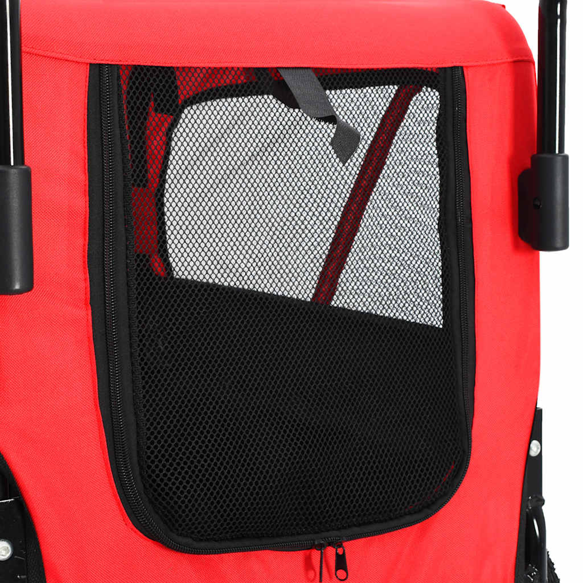 Roter Stoff mit schwarzem Netzfenster und Reißverschluss.