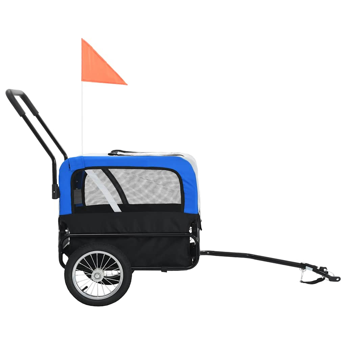 Blauer Fahrradanhänger für Haustiere mit Netzfenstern, Griffen, orangem Fähnchen und Deichsel.