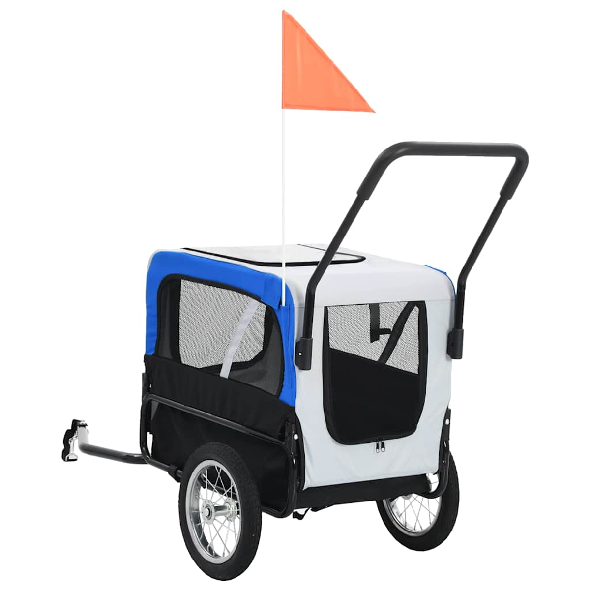 Ein weißer und blauer Haustieranhänger mit einer orangefarbenen Flagge und zwei Rädern auf weißem Hintergrund.