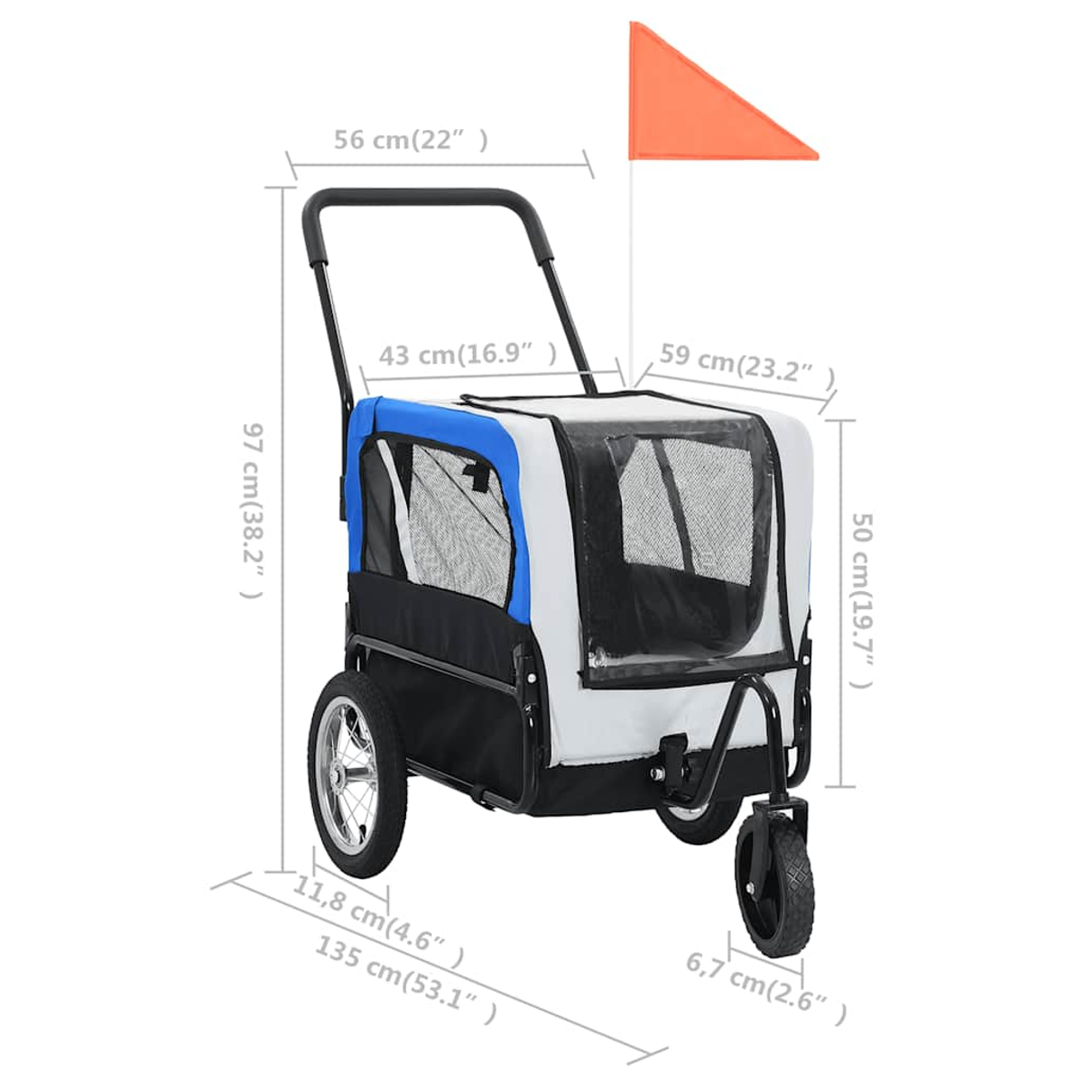 Ein Hundewagen mit Maßangaben, orangefarbener Flagge und Netzfenstern.
