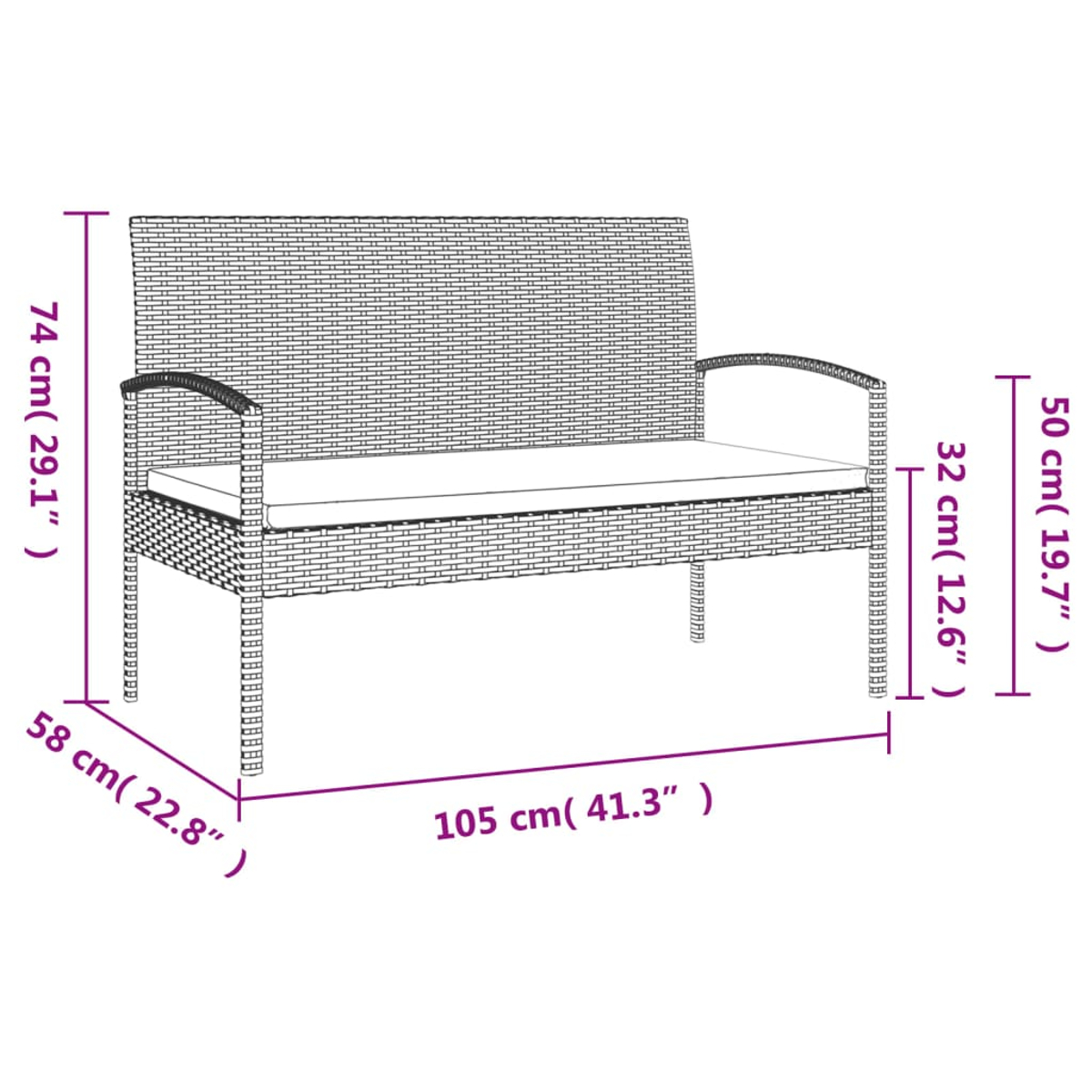 Ein braunes Rattansofa mit Kissen, Maße sind angezeigt.