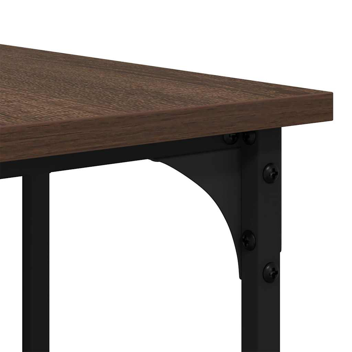 Holzplatte mit schwarzem Metallrahmen und sichtbaren Schrauben.
