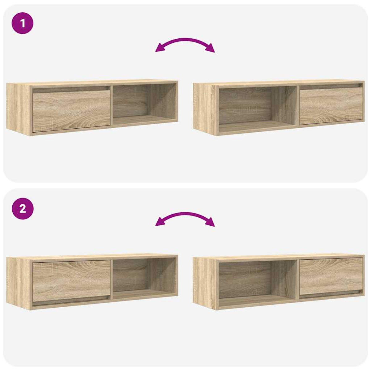 Zwei Holzregale mit Türen und offenen Fächern, nebeneinander, Pfeile zeigen Wechsel.