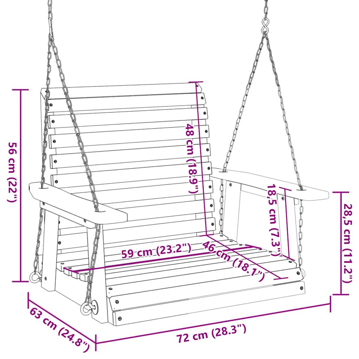 Holzschaukel mit Kettenaufhängung und Maßangaben.