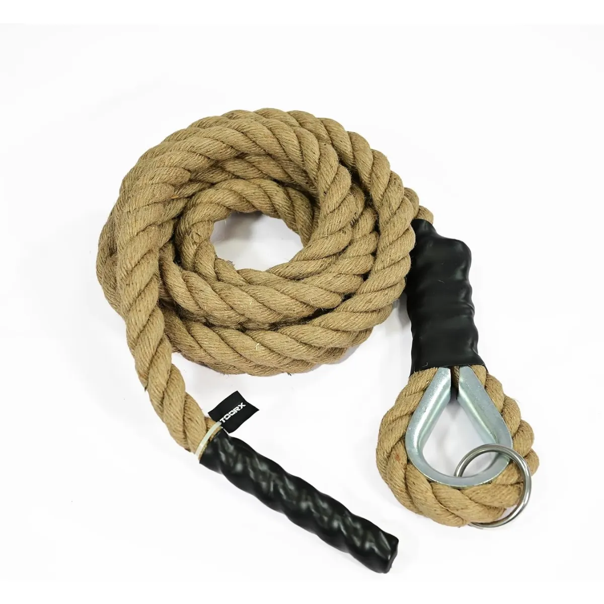 A thick, brown rope with black handles and metal eyelets is coiled on a white background.