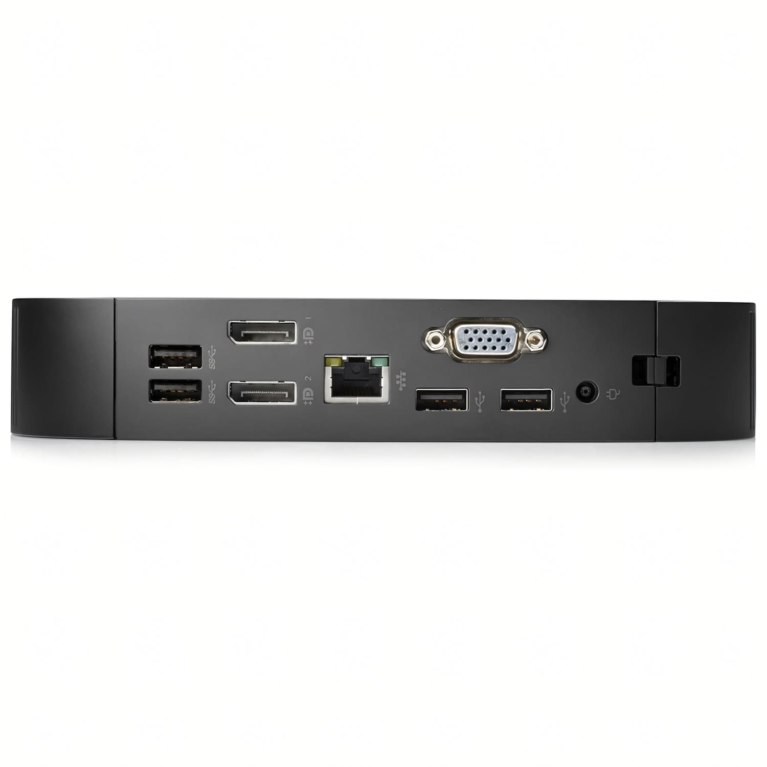 Parte trasera de un ordenador negro con varios puertos: USB, Ethernet y VGA.