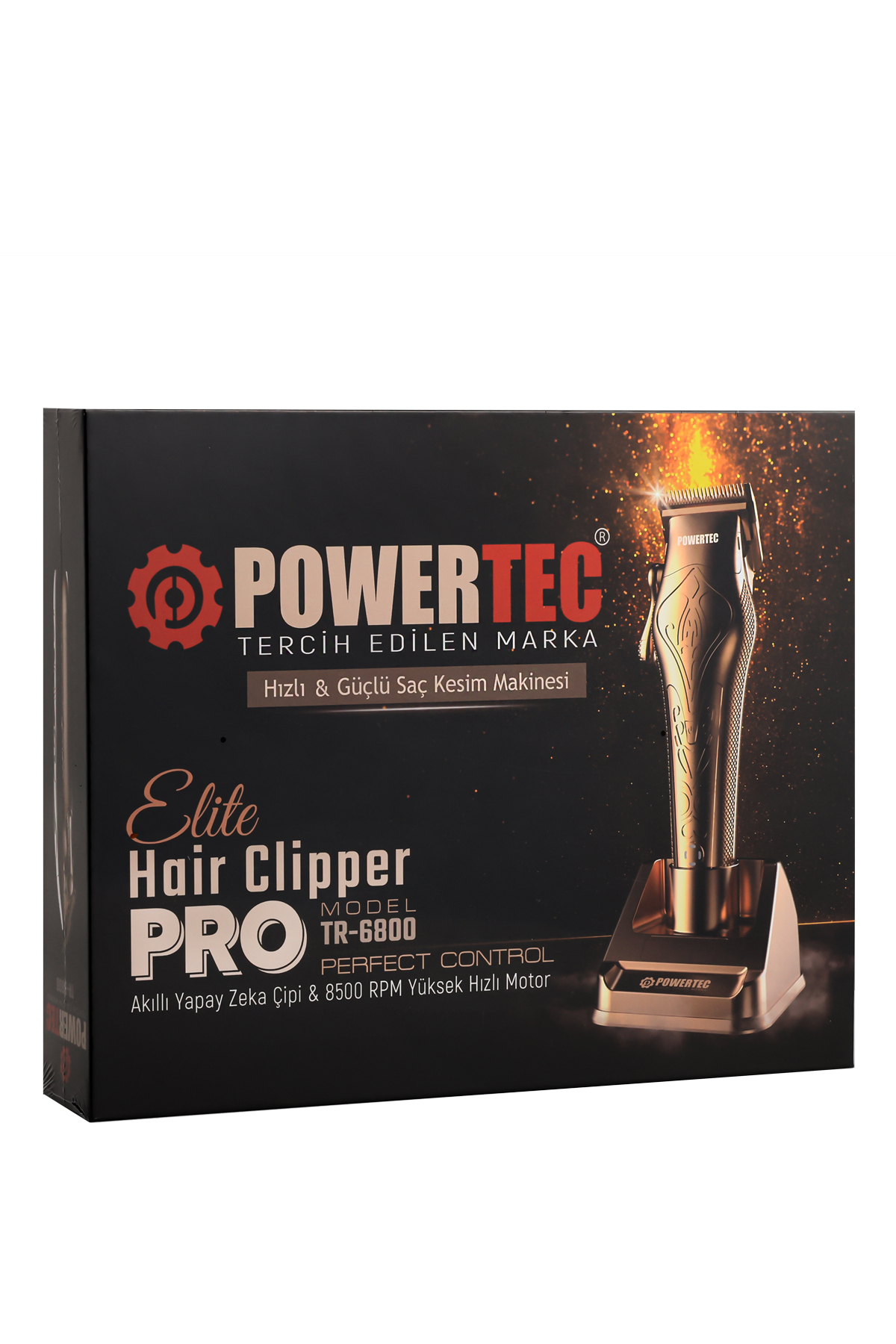 Altın rengi saç kesme makinesi ve POWERTEC markalı kutusu.