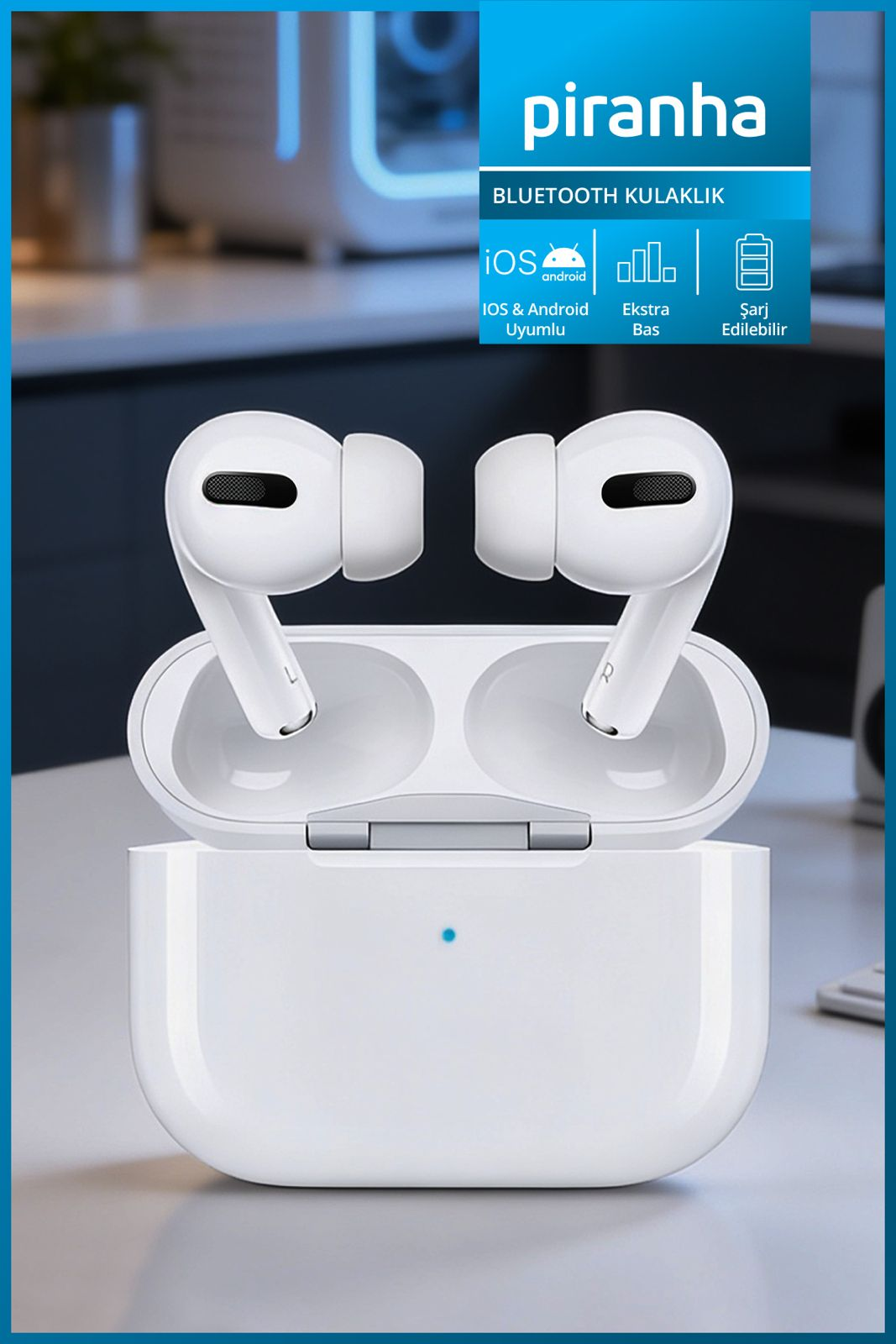 Beyaz Piranha Bluetooth kulaklık şarj kutusuyla, iOS & Android uyumlu.