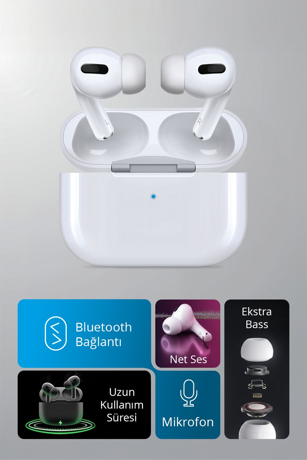 Beyaz kablosuz kulaklıklar şarj kutusunda, Bluetooth, bas, mikrofon ve pil ömrü simgeleriyle.