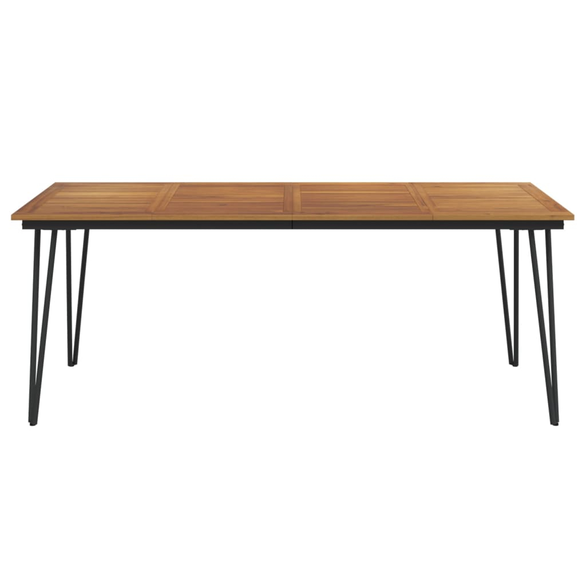 Langer Holztisch mit schwarzem Metallgestell und vier Beinen.