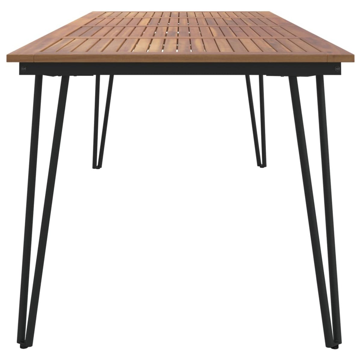 Holztisch mit Lattenoberfläche und schwarzen Metallbeinen.