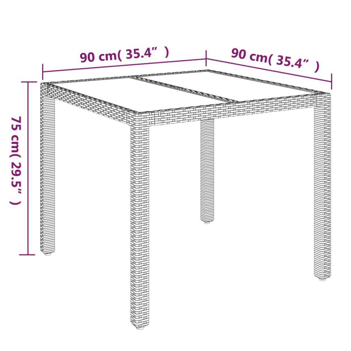 Ein rechteckiger Tisch mit den Maßen 90x90x75 cm aus Rattan-Optik.