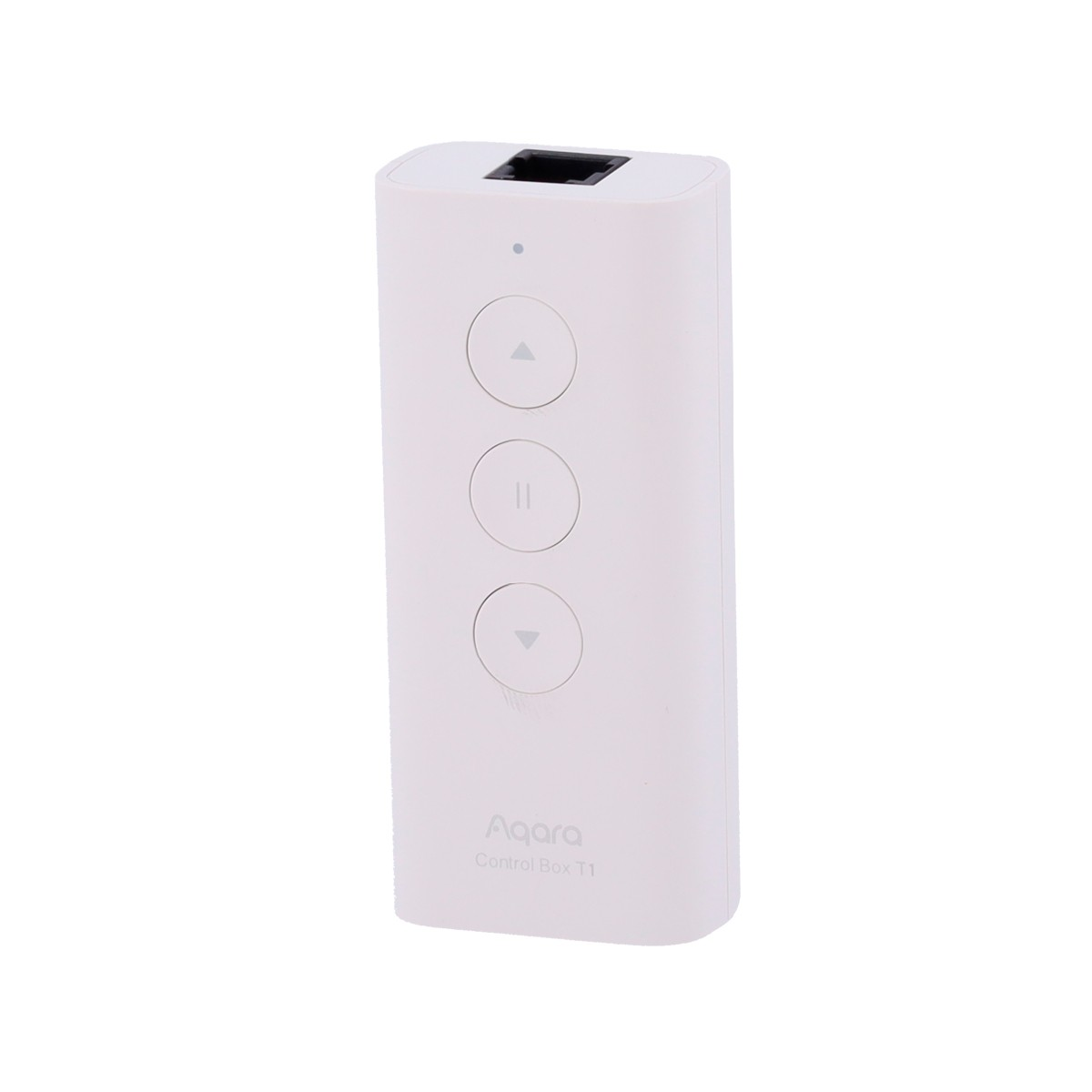 Üstte ağ bağlantı noktası ve üç yuvarlak düğmesi olan beyaz bir Aqara Control Box T1.