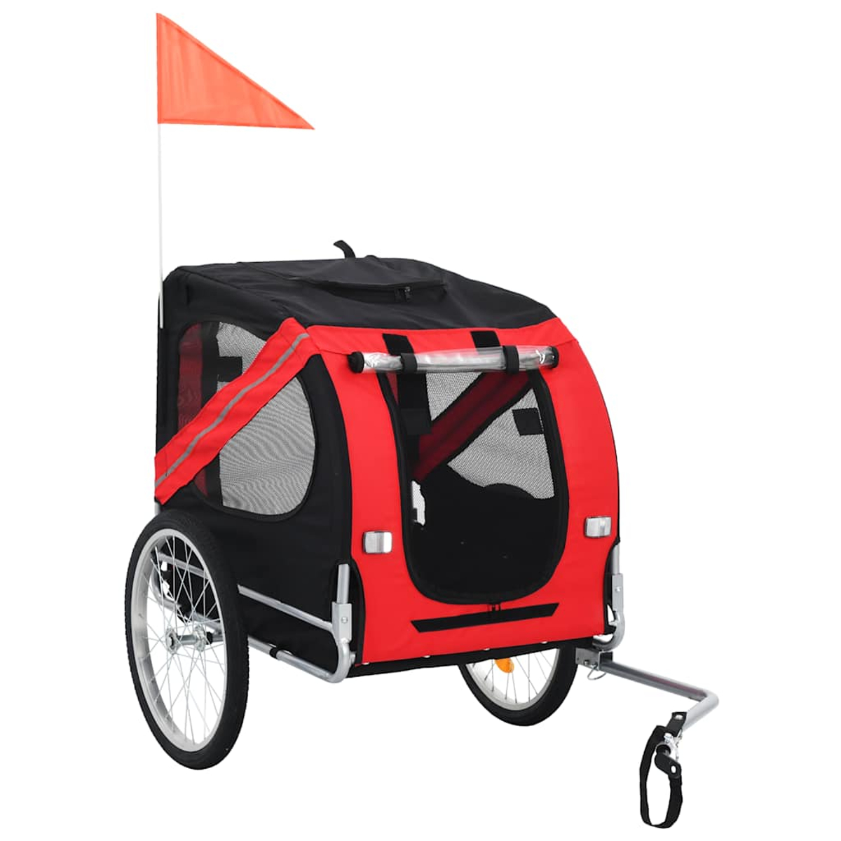 Ein roter und schwarzer Fahrradanhänger mit einem orangefarbenen Fähnchen.