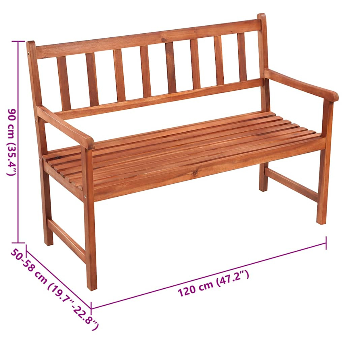 Holzbank mit Maßen 120cm L, 90cm H, 50-58cm T. Lattenrost Sitz und Rücken.
