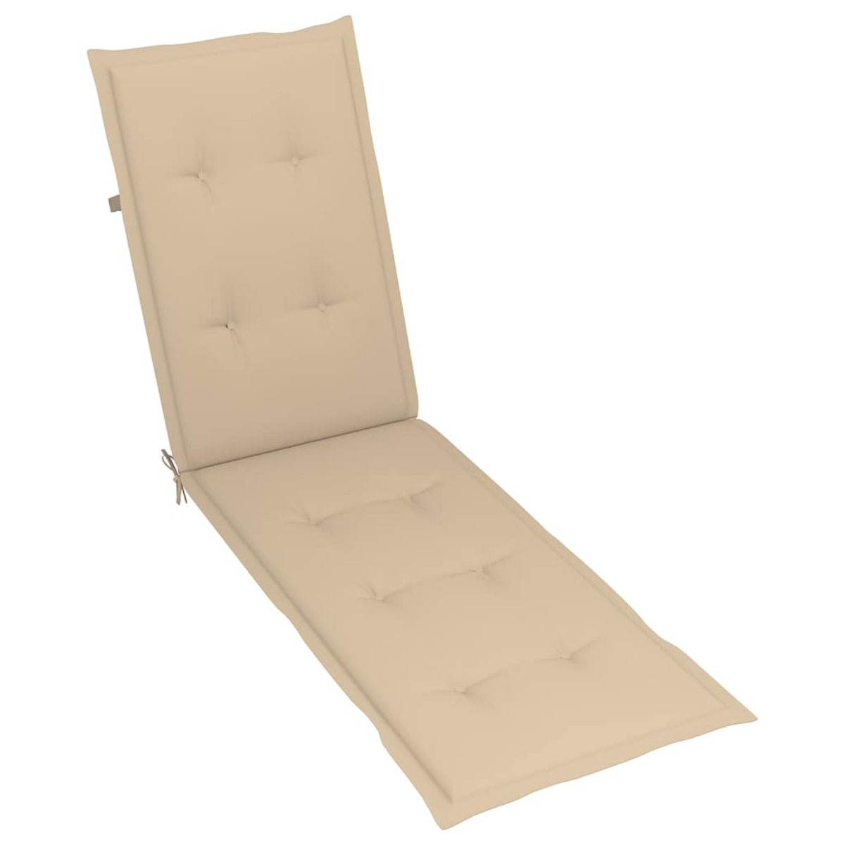 Beige Liegestuhlauflage mit Knöpfen und Bindebändern, auf weißem Hintergrund.