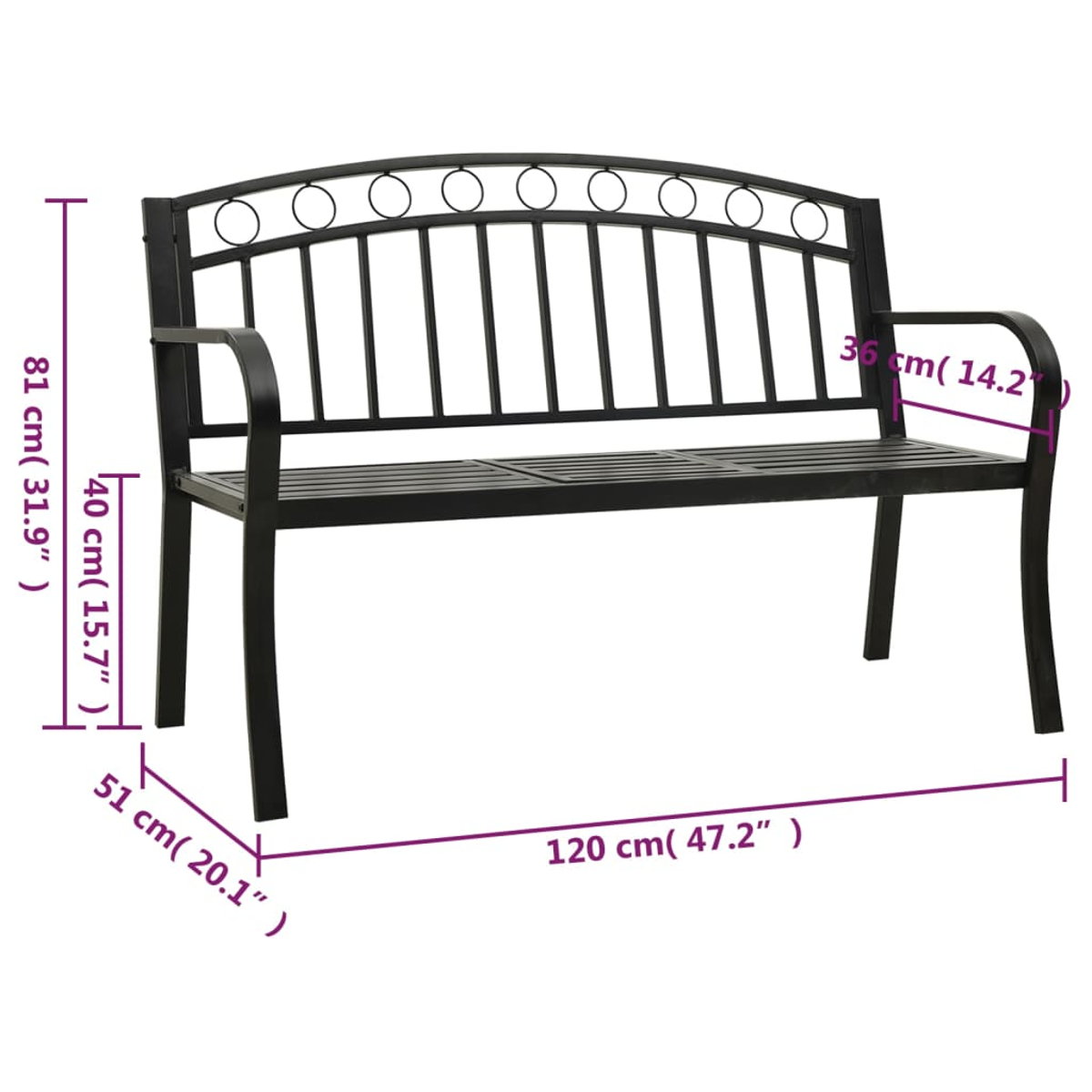 Panchina da giardino nera con dimensioni: A 81cm, L 120cm, P 51cm.