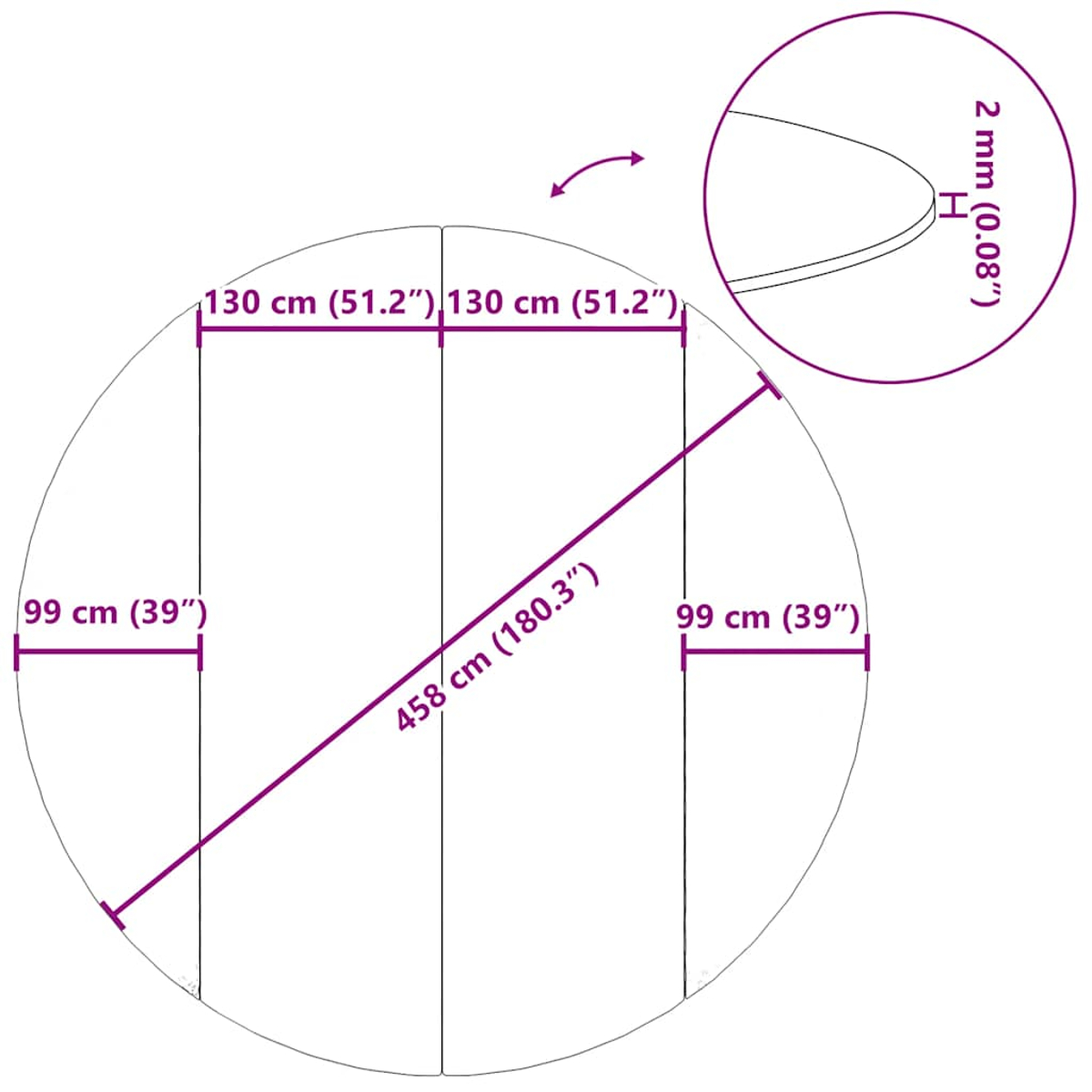 Schnittzeichnung eines Kreises mit Maßen: 130 cm, 99 cm, 458 cm und 2 mm.