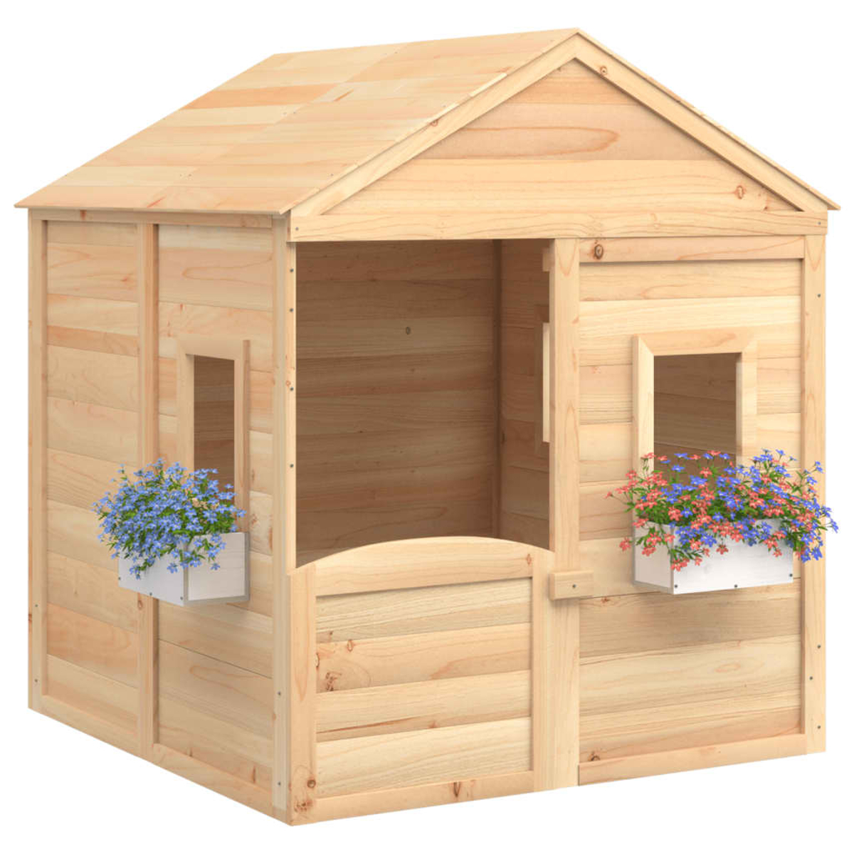 Casetta in legno con fioriere e finestre.