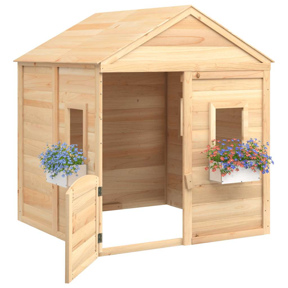 Casetta in legno con porte aperte e fioriere, fiori bianchi e fiori blu.