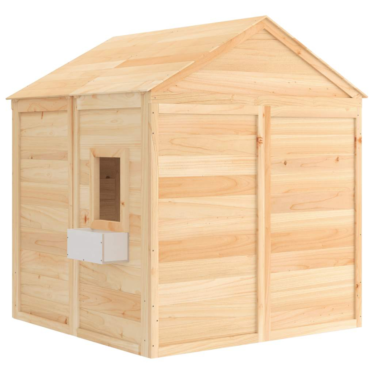 Una piccola casa di legno con finestra e telaio porta.