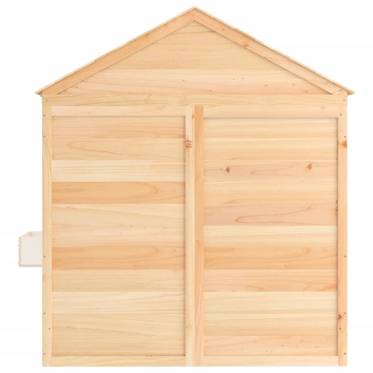 Una piccola casa di legno con tetto spiovente, scatola bianca sul lato sinistro.
