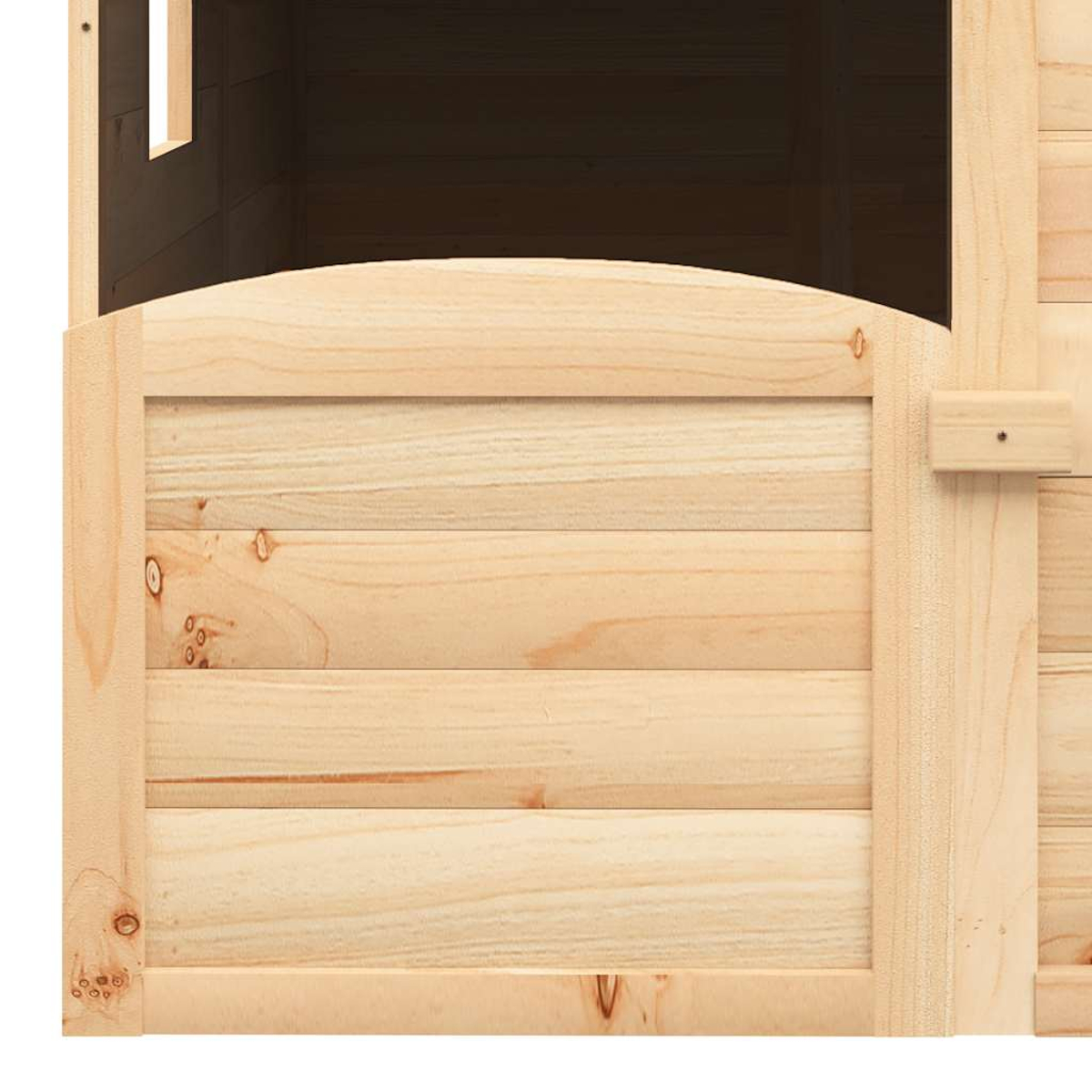 Primo piano di una porta in legno con assi orizzontali e telaio.