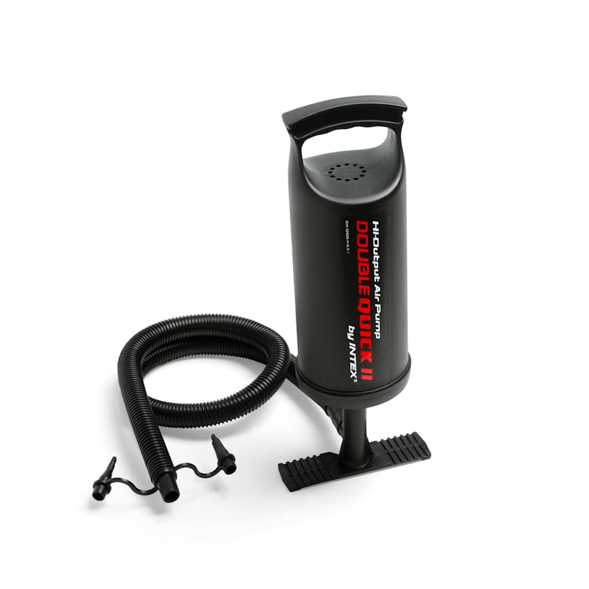 Pompa ad aria manuale nera con tubo e ugelli, con testo 'Double Quick II'.