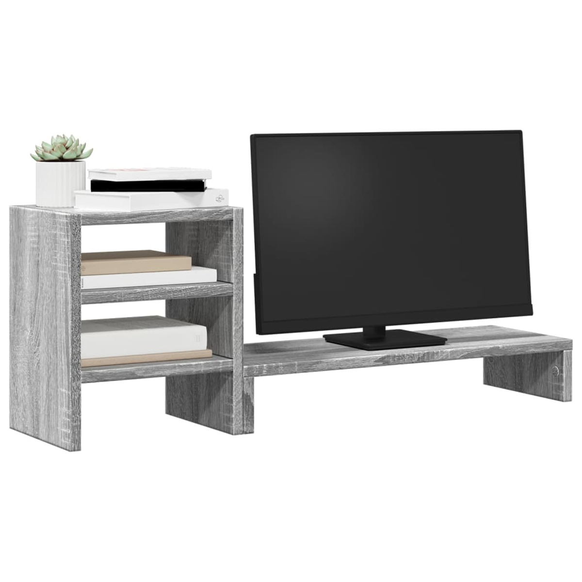 Ein Monitor steht auf einem Holzständer, daneben ein Regal mit Büchern und einer Pflanze.