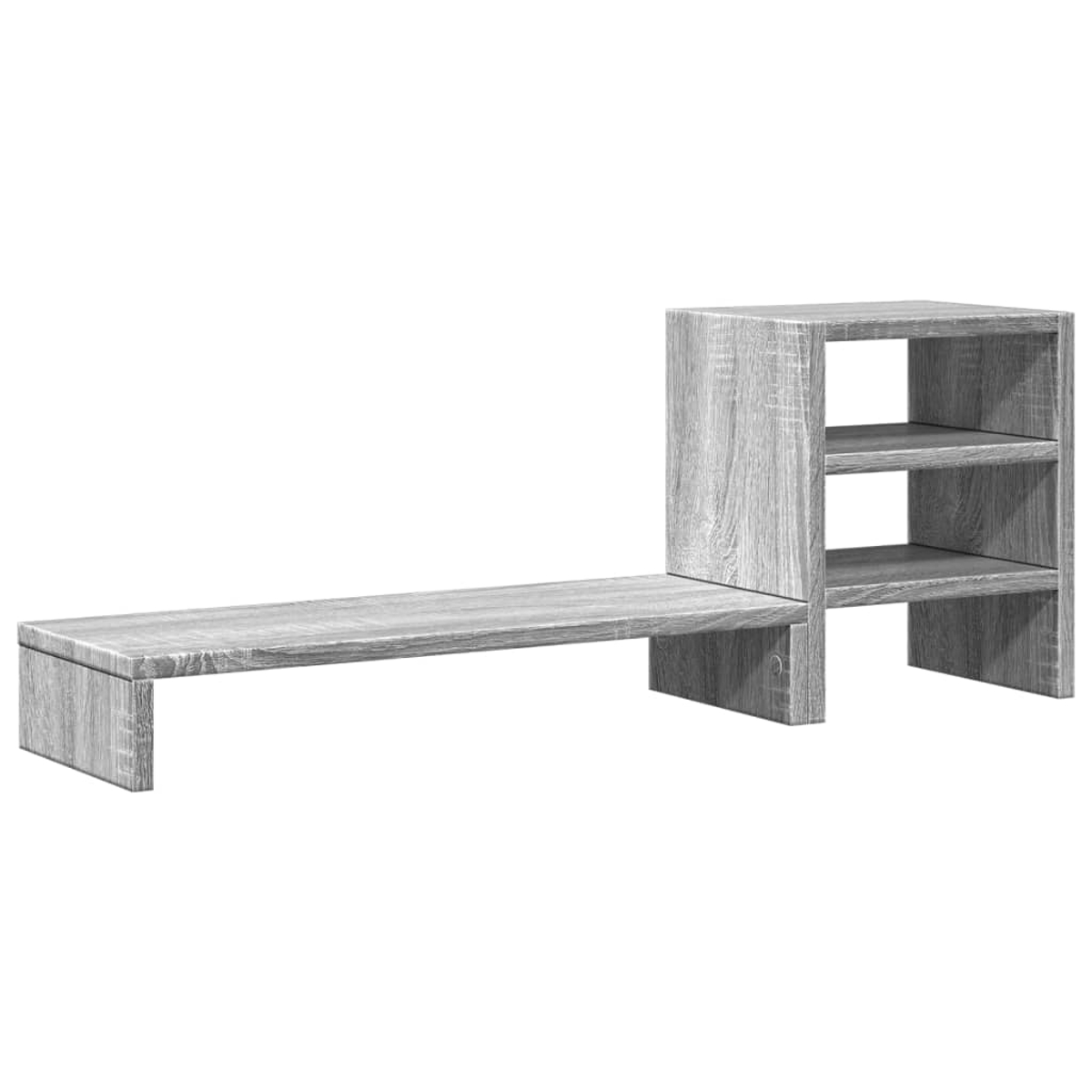 Ein graues Holzregal mit zwei Ebenen und einem vertikalen Teil mit drei Fächern.