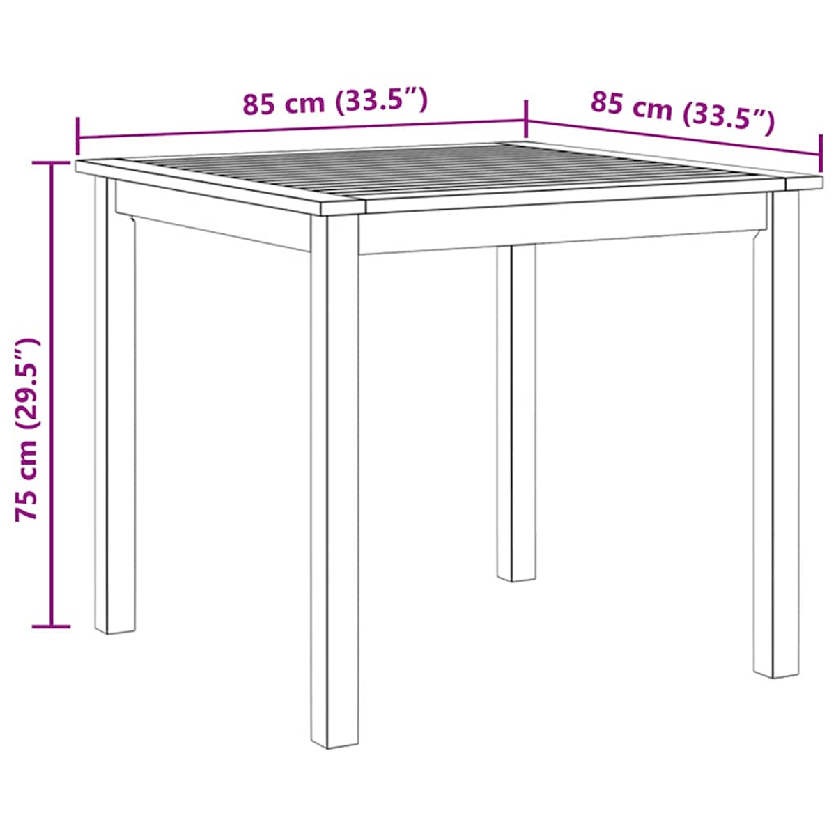 Ein rechteckiger Tisch mit Lamellenoberseite, 85x85x75cm.
