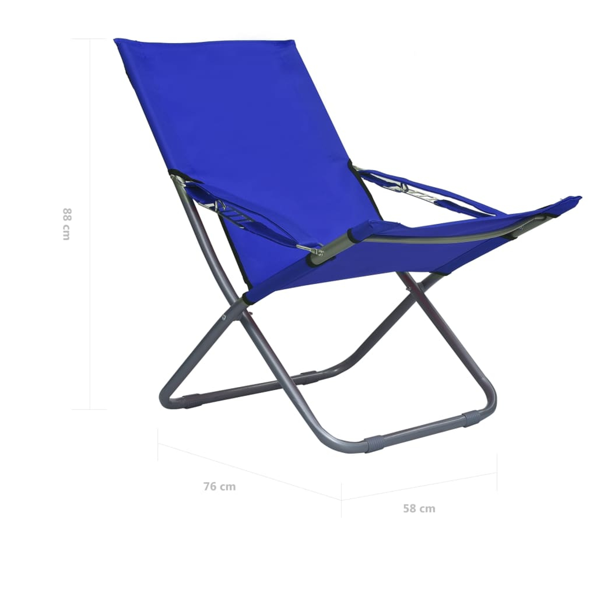 Ein blauer Klappstuhl mit Metallrahmen.