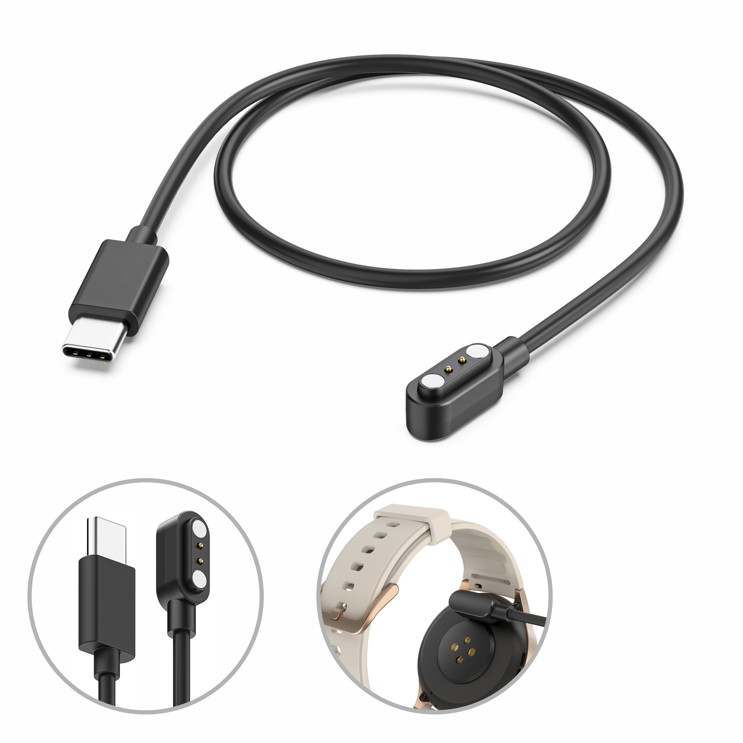 Czarny kabel ładujący USB-C z magnetycznym złączem do smartwatchów.