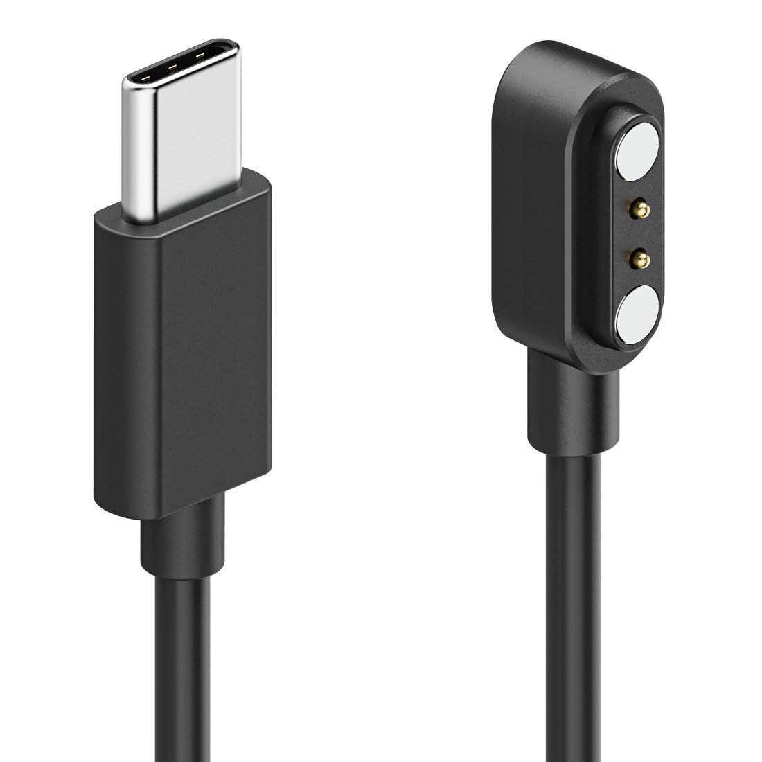 Czarny kabel USB-C i magnetyczny kabel ładujący na białym tle.