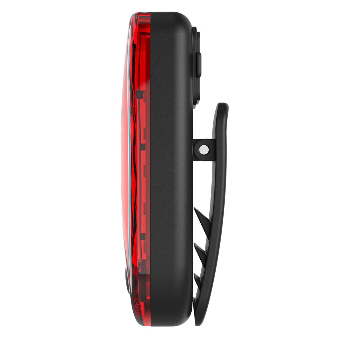 Czerwone tylne światło rowerowe z czarnym klipsem, widok z boku.