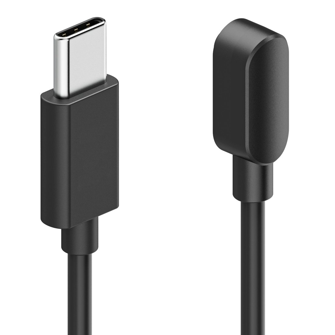Dwa czarne końce kabla USB-C, jeden prosty i jeden kątowy, na białym tle.