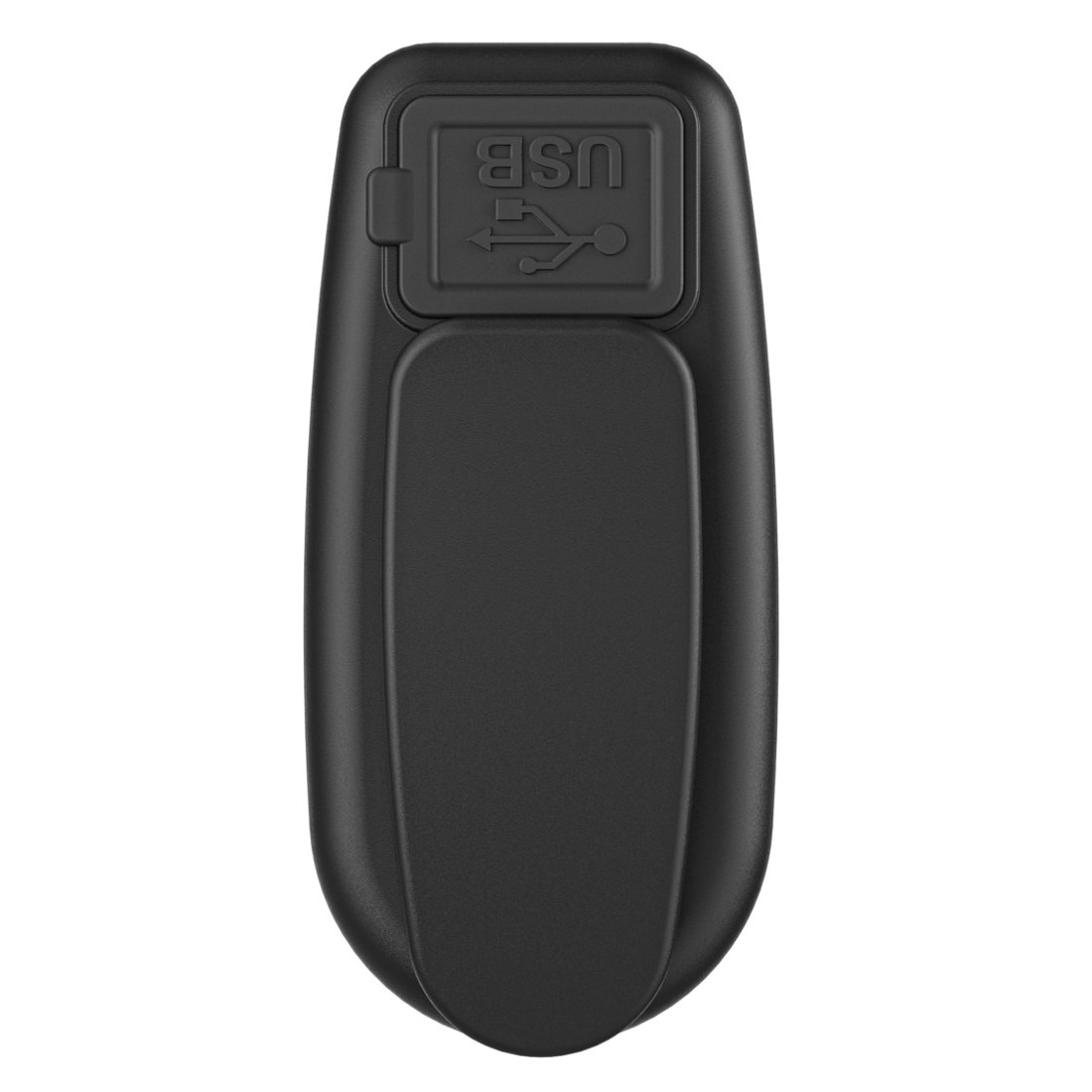 Czarny przyrząd USB z pokrywką i symbolem USB.