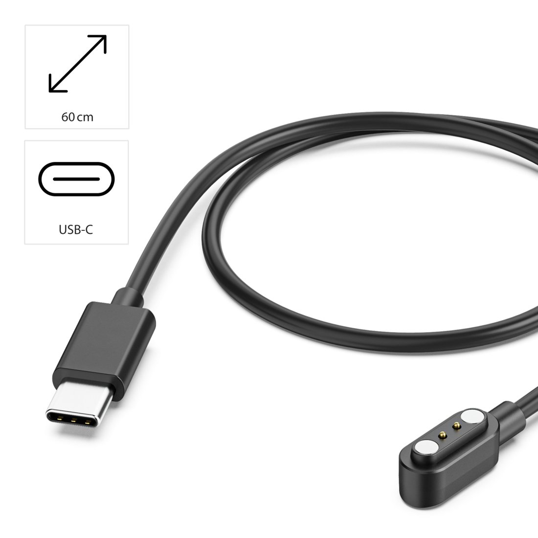 Czarny kabel USB-C o długości 60 cm z magnetycznym złączem ładowania.