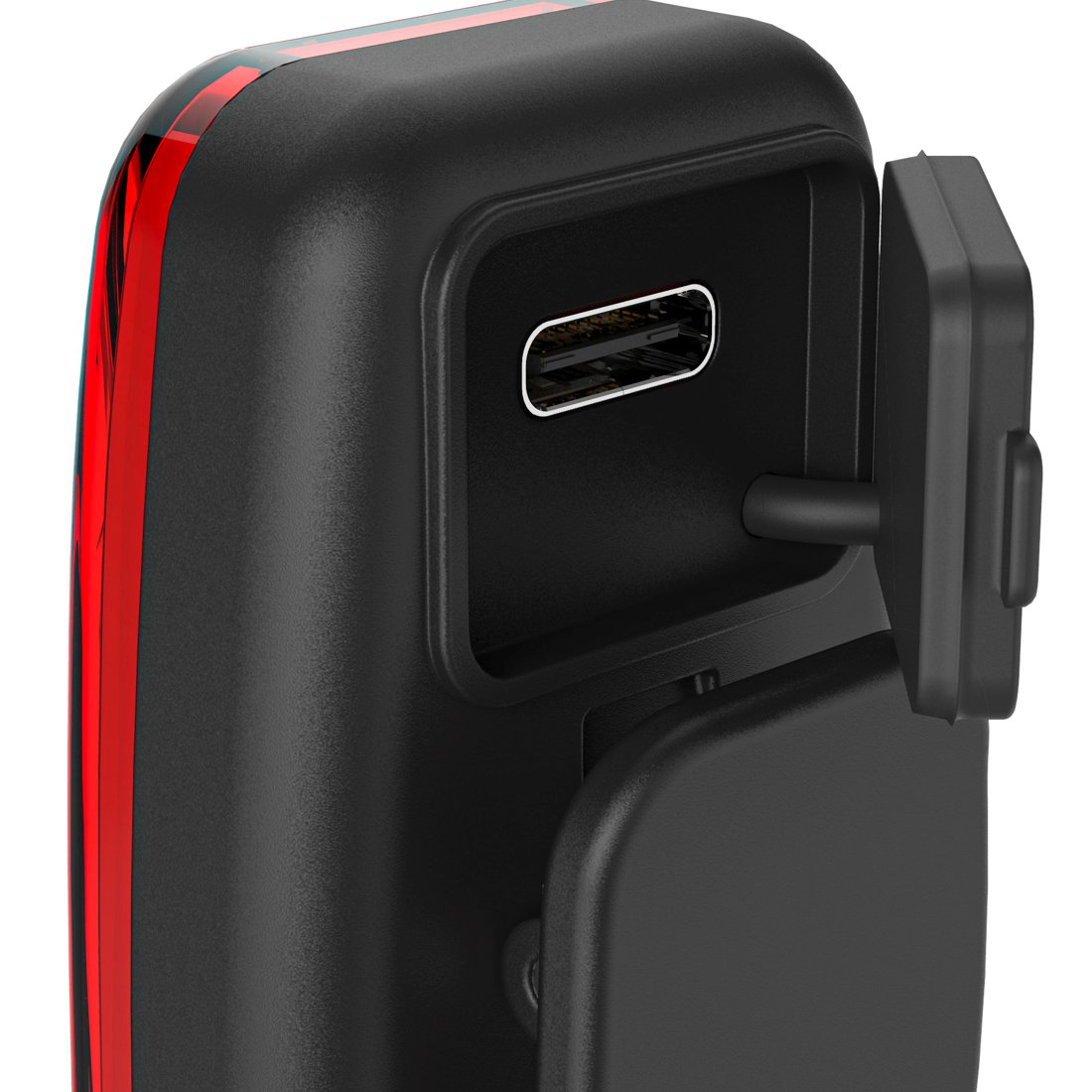Czarne urządzenie z czerwonym paskiem, portem USB-C i zdejmowaną osłoną.