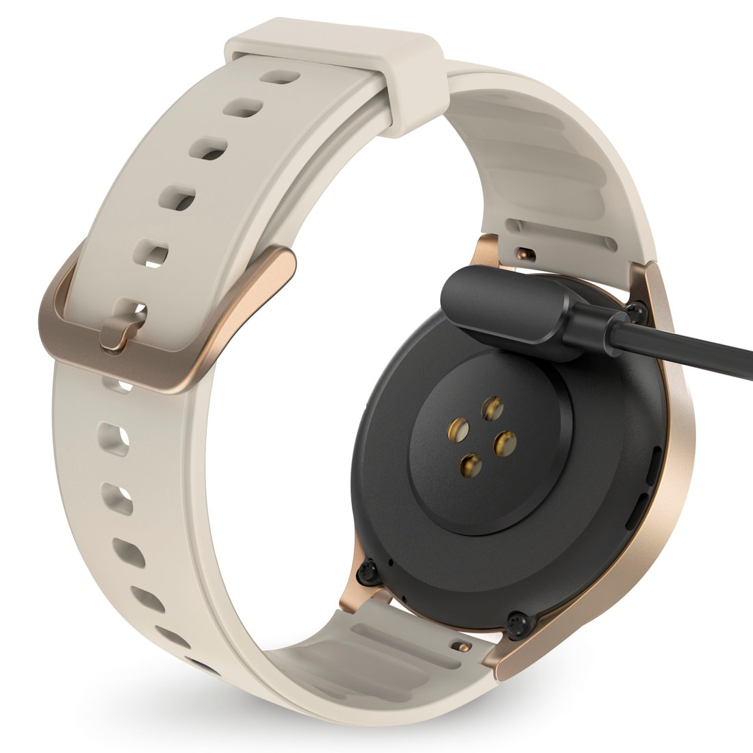 Biała opaska smartwatch ze złotymi akcentami, podłączona do ładowarki.