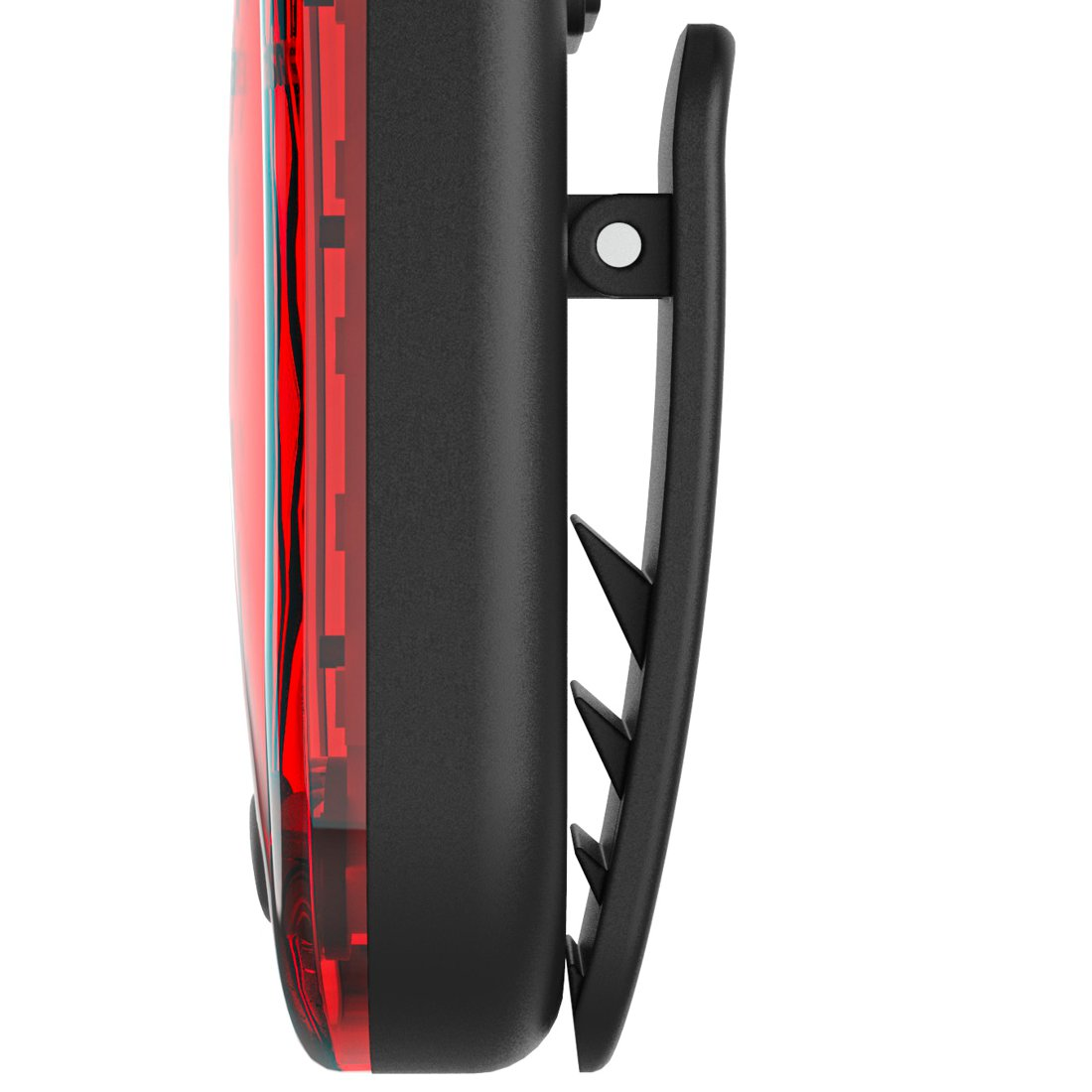 Czerwone tylne światło rowerowe z czarnym klipsem i zębami.