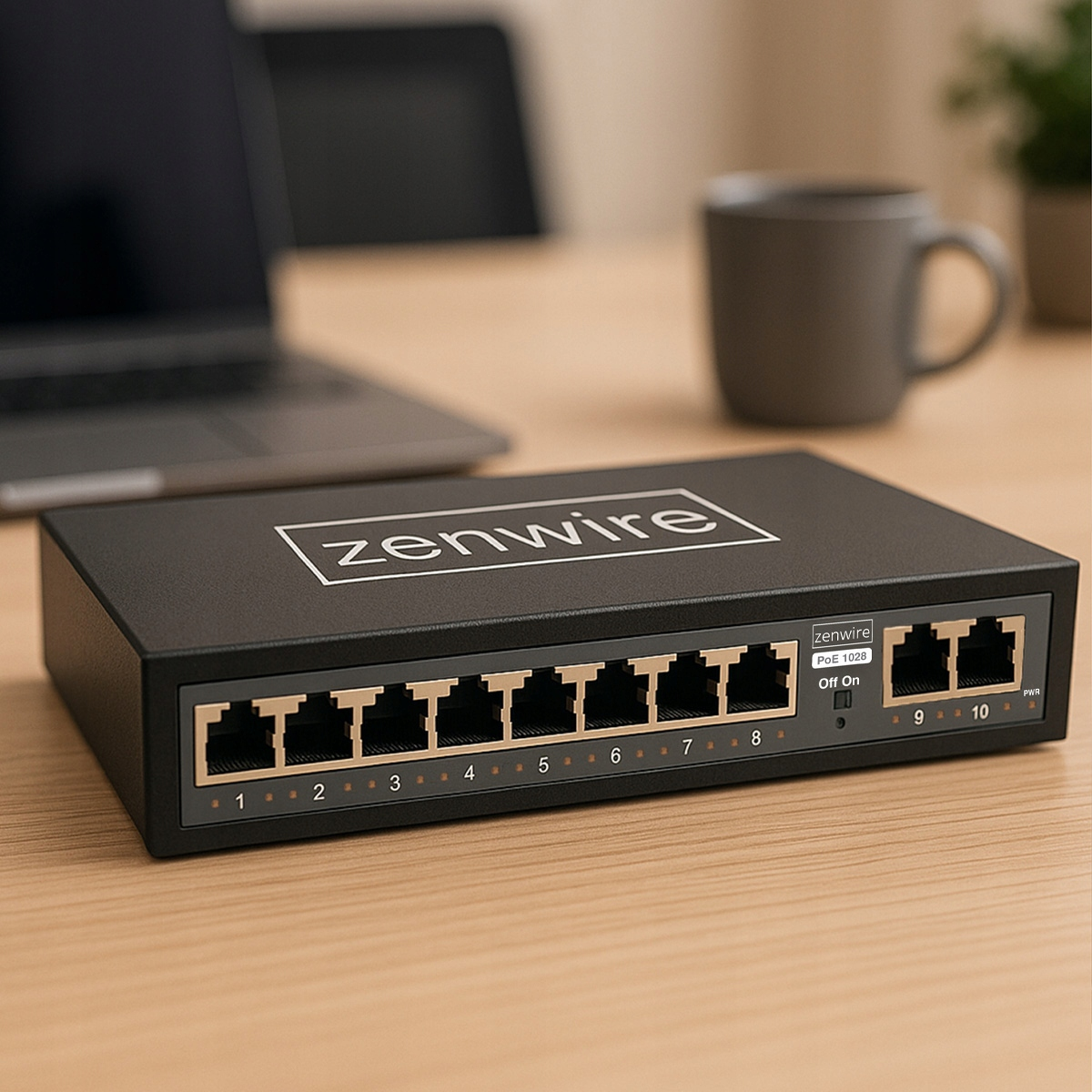 Czarny 10-portowy przełącznik sieciowy Zenwire na drewnianym biurku.