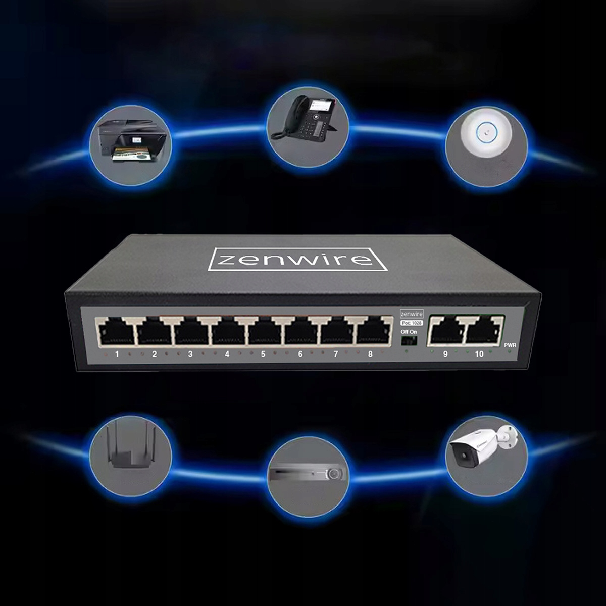Czarny przełącznik Zenwire 10-portowy podłączony do drukarki, telefonu, punktu dostępowego Wi-Fi i kamery.