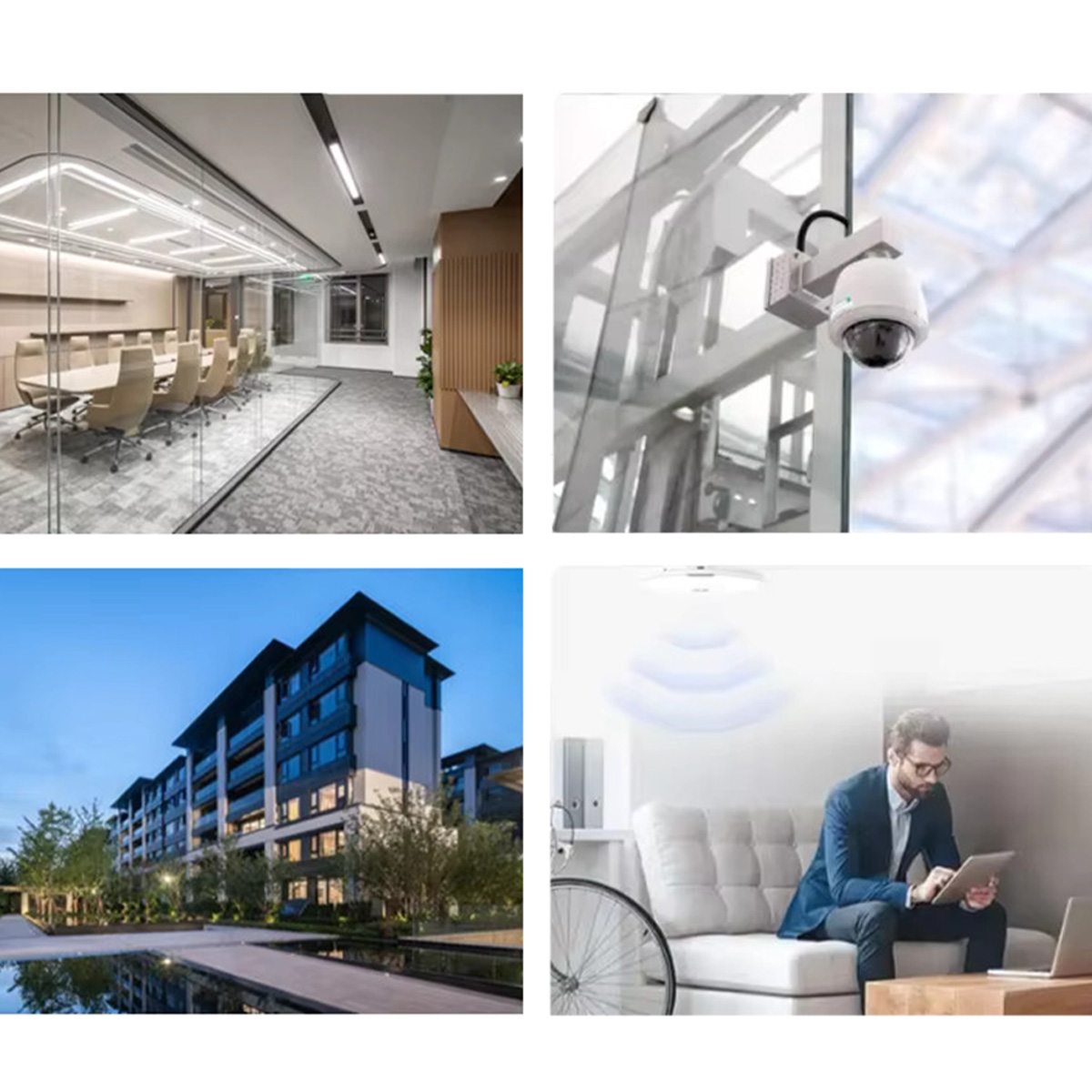 Sala konferencyjna ze stołem i krzesłami, kamera bezpieczeństwa na szkle, budynek, mężczyzna z tabletem.