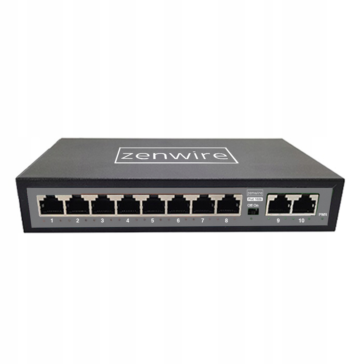 Czarny przełącznik sieciowy 10-portowy z portami RJ45 i logo "zenwire".