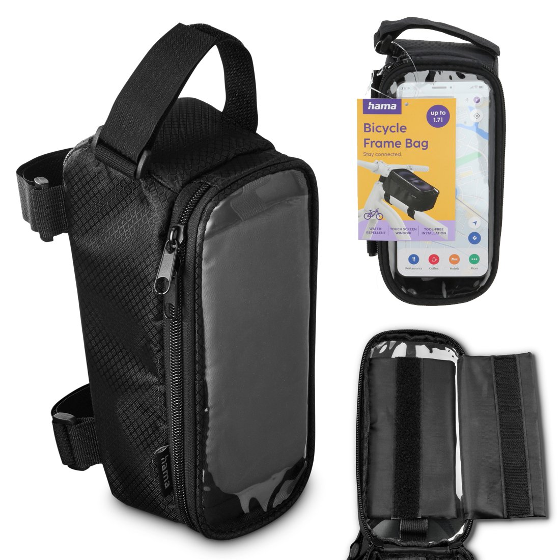 Czarna torba na ramę roweru z przezroczystym oknem i logo Hama.